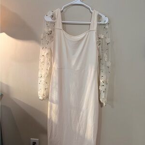 SHEIN Cream Midi Dress with Sheer Floral Long Sleeves